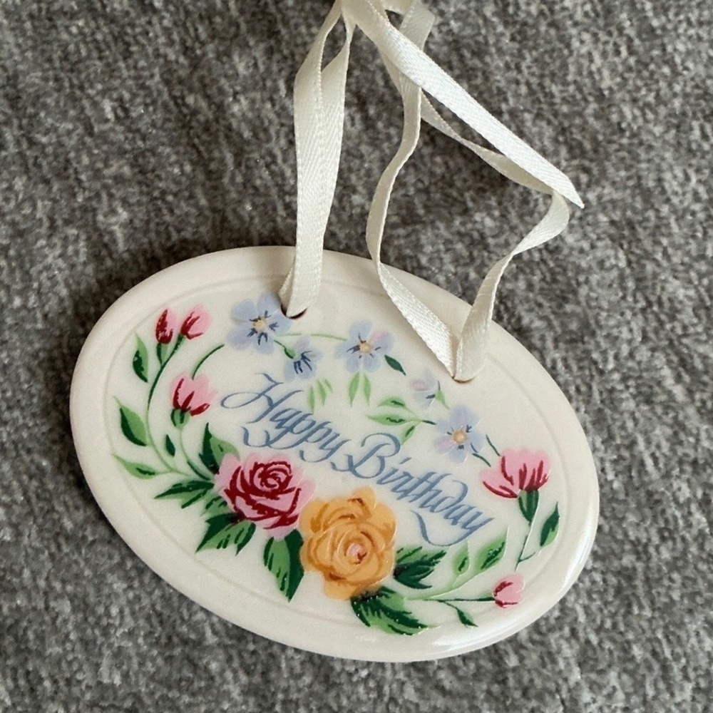Longaberger Happy Birthday Floral Ceramic Basket Tie On Ribbon